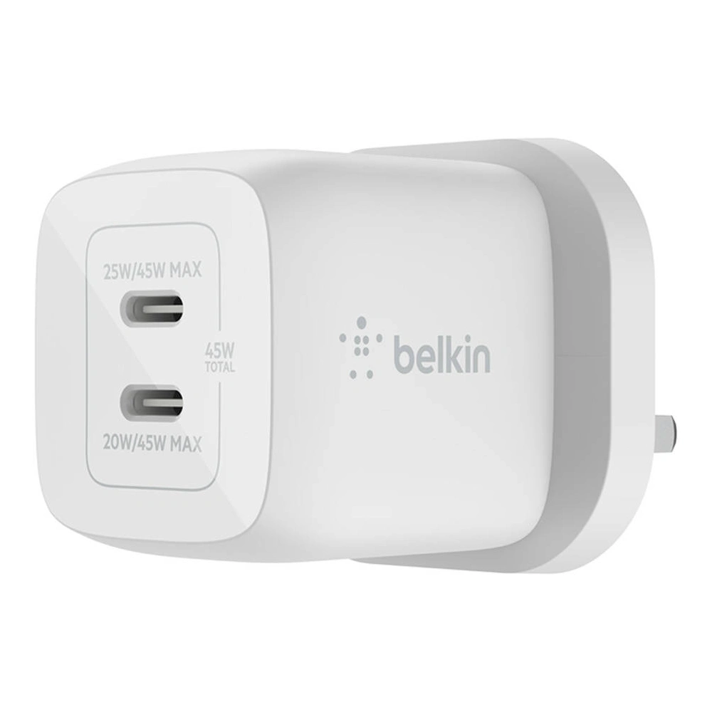 Belkin BoostCharge Pro Dual USB-C GaN Wall Charger, 45W Power Delivery, PPS Fast Charging, Dual USB-C Ports, GaN Technology, Compact Design, White - WCH011myWH