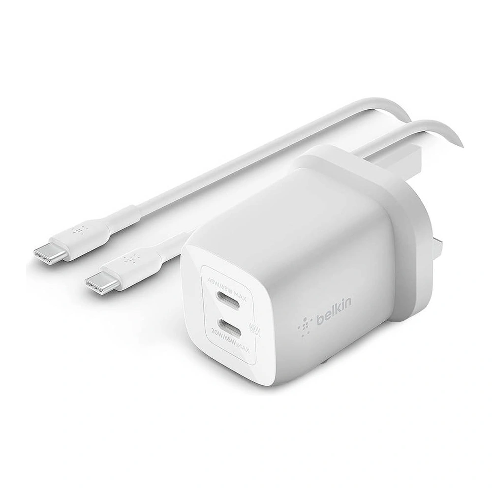Belkin BoostCharge Pro Dual USB-C GaN Wall Charger, 65W Power Delivery, PPS Fast Charging, Dual USB-C Ports, Includes 2m 100W USB-C to USB-C Cable, White - WCH013my2MWH-B6