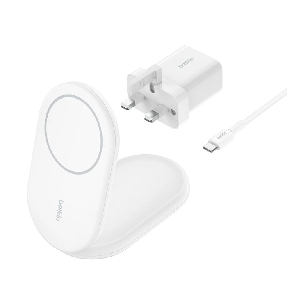 Belkin BoostCharge Qi2 Magnetic Foldable Wireless Charger, 15W Fast Wireless Charging, MagSafe Compatible, Adjustable Stand, Portable Design, White - WIB007myWH