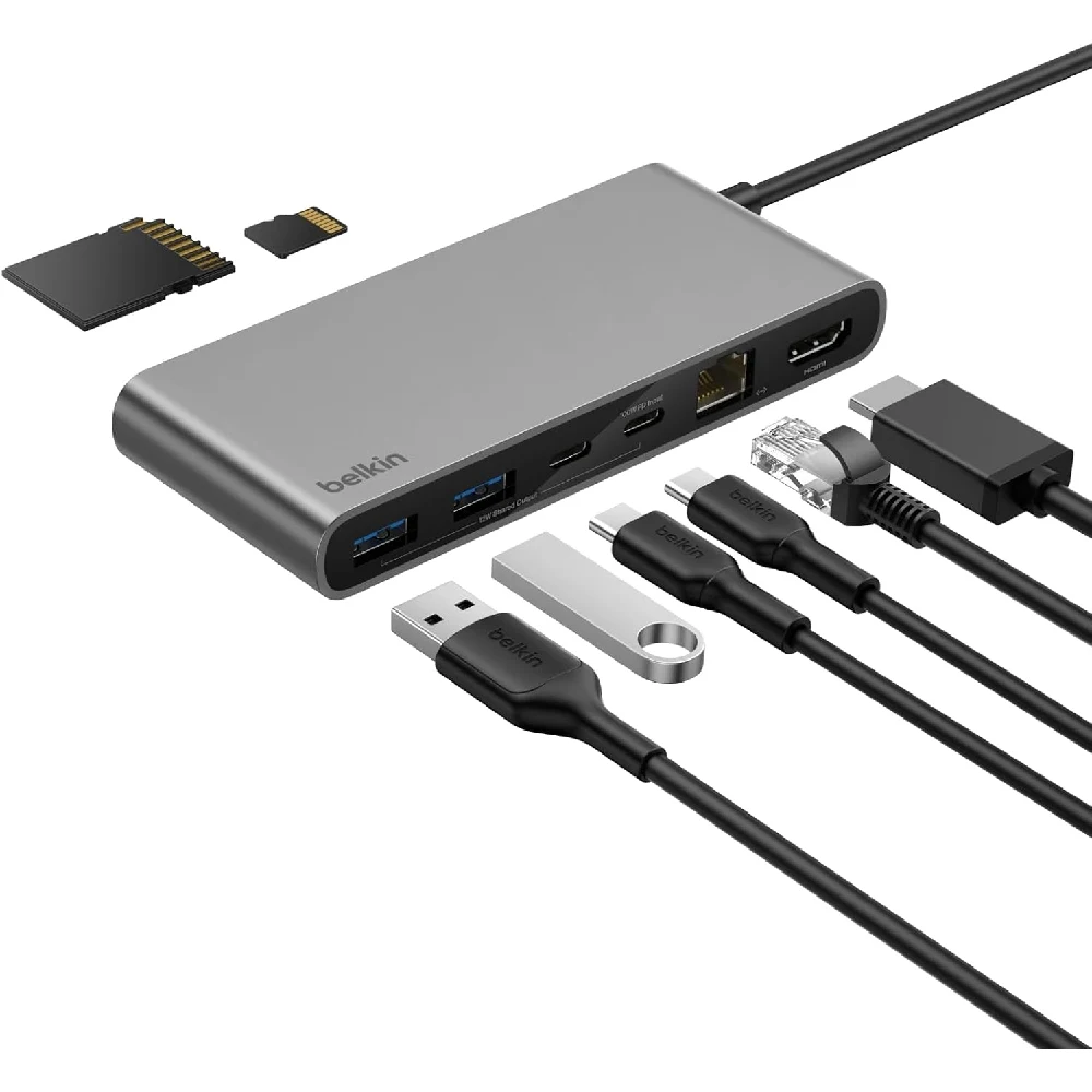 Belkin Connect 8-Port USB-C Hub with 2.5Gb Ethernet, Dual USB-C, USB-A, SD & microSD Card Reader, 4K 60Hz HDMI, 100W Power Delivery, Grey - INC024hqSGY