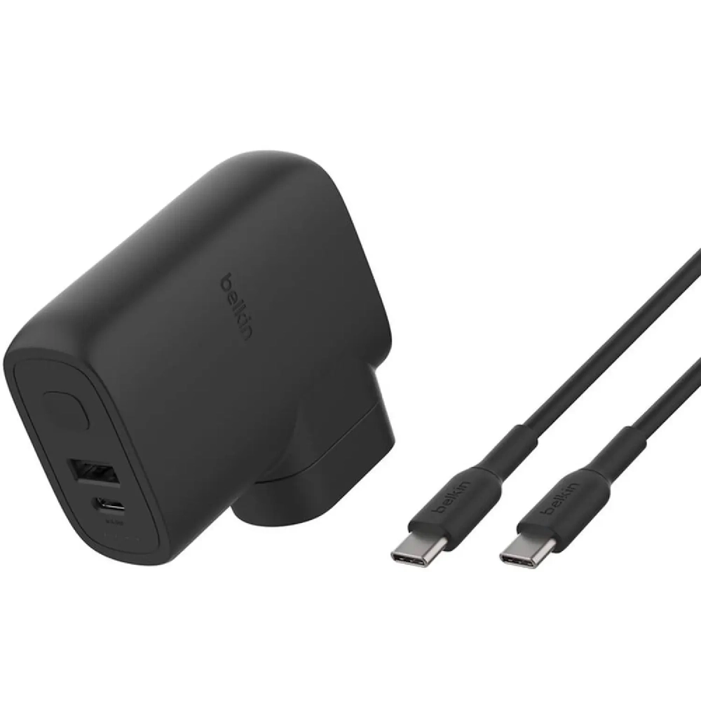 Belkin Hybrid Wall Charger & Power Bank, 5000mAh Battery, 25W USB-C PD PPS Charging, Dual USB-C & USB-A Ports, Travel Adapter Kit, Universal Plug Set - BPZ003bt1MBK-B6