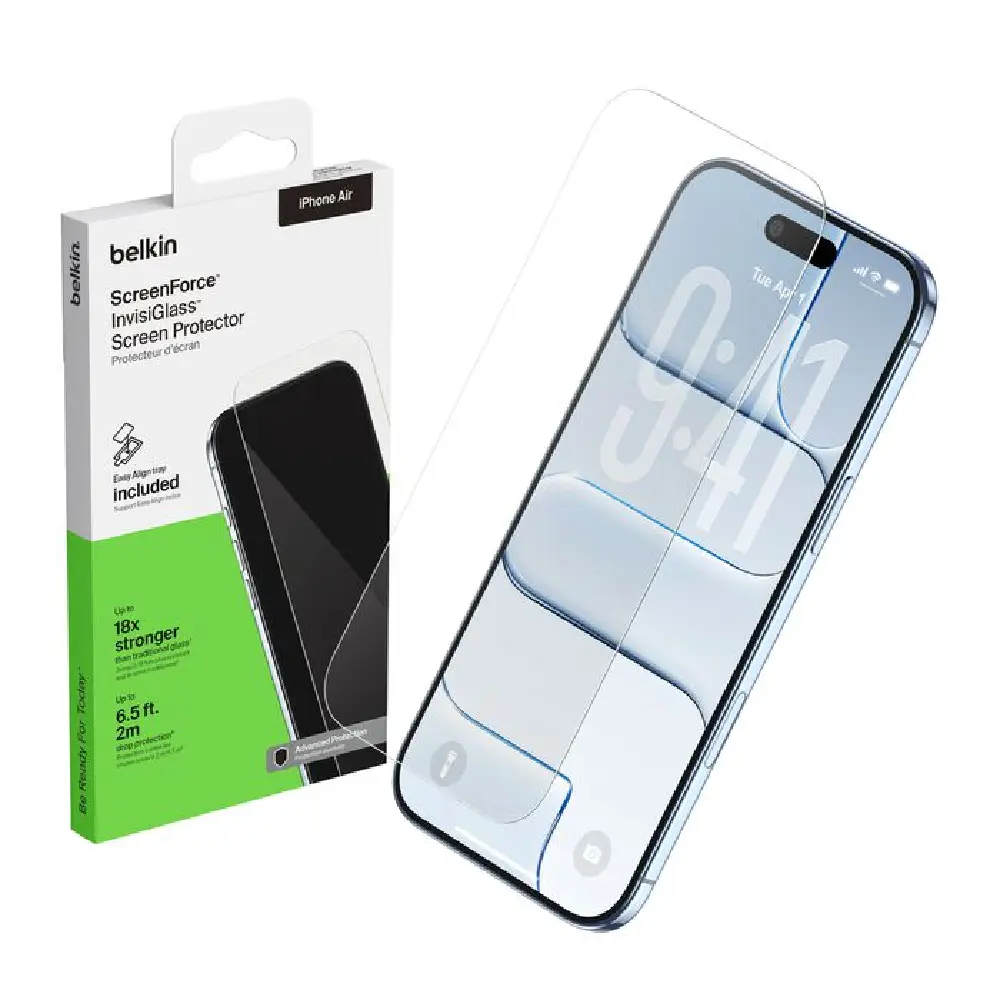 Belkin InvisiGlass Screen Protector for iPhone 17 Air, Antimicrobial Coating, 9H Hardness, Full Coverage Protection - OVA237hq
