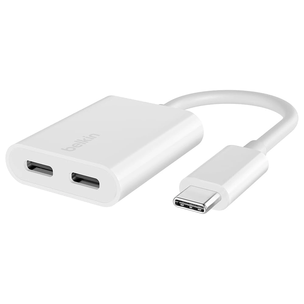 Belkin RockStar USB-C Audio + Charge Adapter, Dual USB-C Ports, 60W Power Delivery, High-Resolution Audio, Fast Charging, White - F7U081btWH