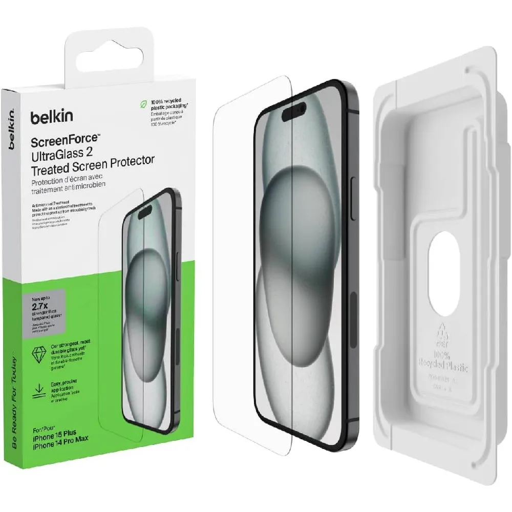 Belkin ScreenForce UltraGlass 2 Treated Screen Protector for iPhone 16 Plus, iPhone 15 Plus & iPhone 14 Pro Max, 9H Hardness, Ultra-Slim 0.29mm Design - OVA132zz