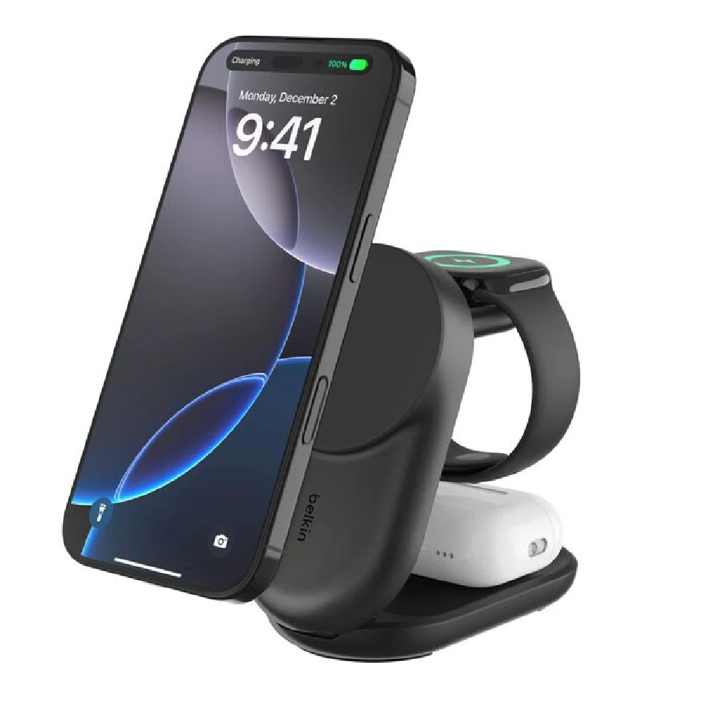 Belkin UltraCharge 3-in-1 Foldable Magnetic Charger Qi2 25W, Fast Wireless Charging with 45W USB-C PSU, Black- WIZ037myBK