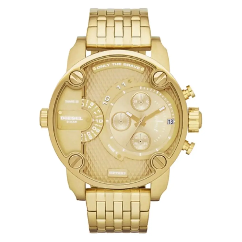 Diesel Little Daddy Mens Gold Stainless Steel Watch, Multi-Time Zone Quartz Movement, 51mm Case, Gold Bracelet, Sapphire Crystal, 3 ATM Water Resistance - DZ7287