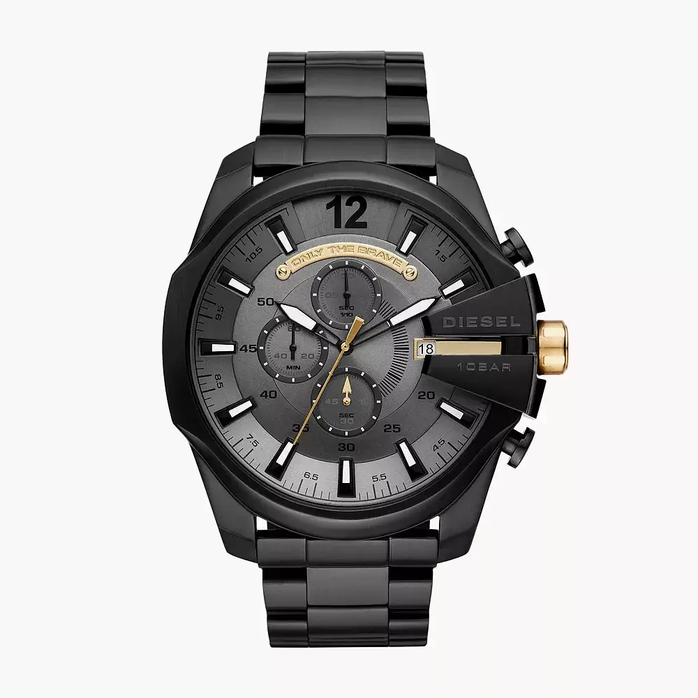 Diesel Mega Chief Mens Chronograph Watch, Gray Dial, Black Stainless Steel Bracelet, 51mm Case, Quartz Movement, 10 ATM Water Resistance - DZ4479