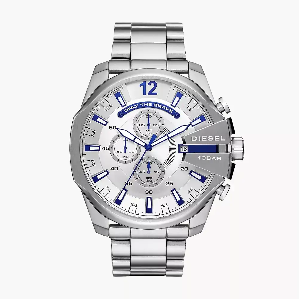Diesel Mega Chief Mens Quartz Watch, Silver Dial, Silver Stainless Steel Bracelet, 51mm Case, Chronograph Design, 10 ATM Water Resistance - DZ4477