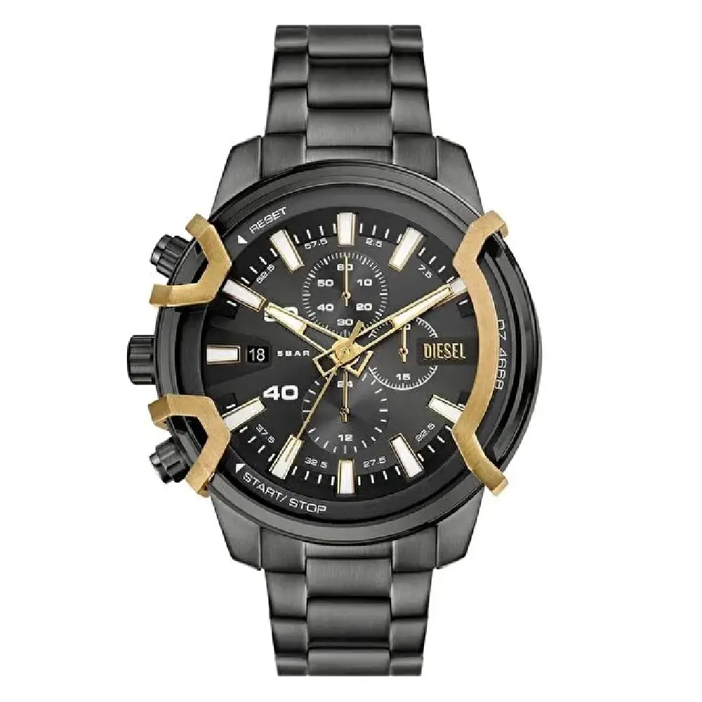 Diesel Mens Chronograph Watch, Gray Dial, Gunmetal Stainless Steel Bracelet, 48mm Case, Quartz Movement, 5 ATM Water Resistance - DZ4668