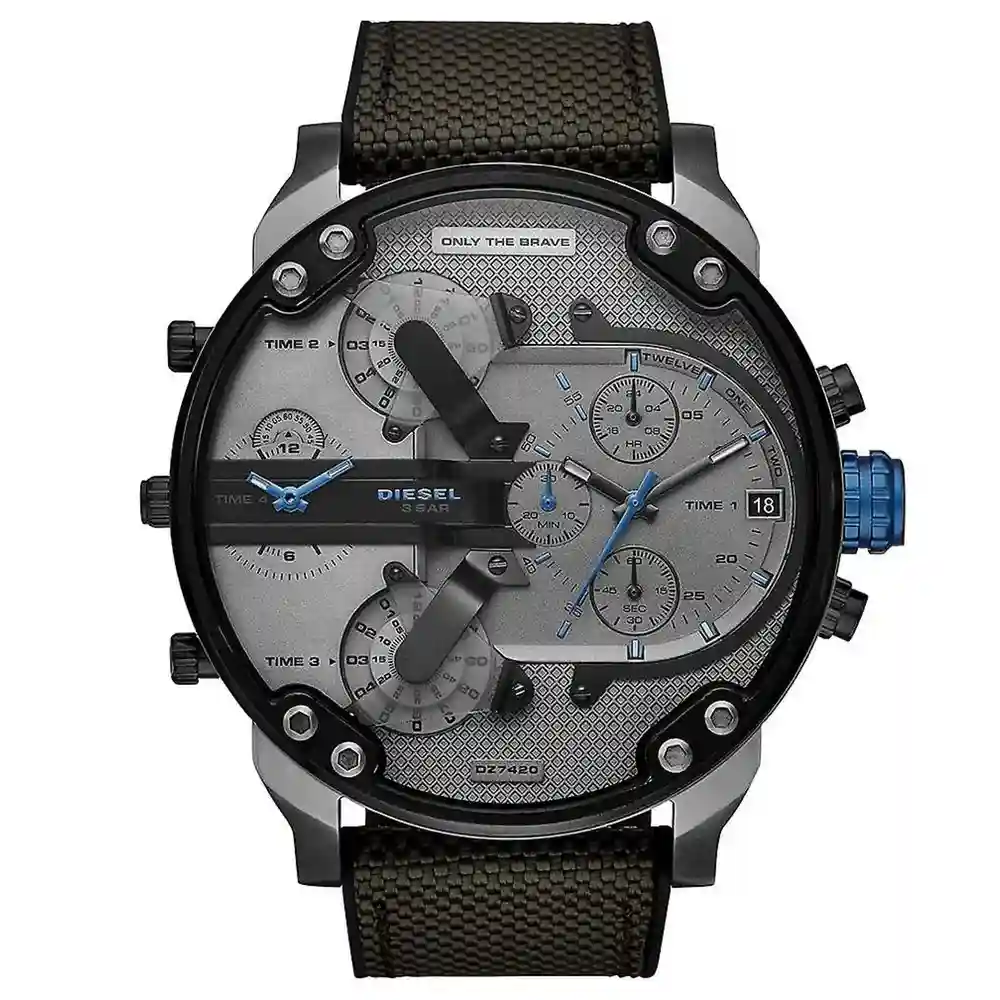 Diesel Mr. Daddy 2.0 Mens Chronograph Watch, Gray Dial with Blue Accents, Silicone Nylon Strap, 57mm Case, Quartz Movement, 3 ATM Water Resistance - DZ7420
