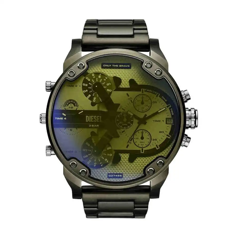 Diesel Mr. Daddy 2.0 Mens Chronograph Watch, Silver Dial, Green Stainless Steel Bracelet, 57mm Case, Quartz Movement, 3 ATM Water Resistance - DZ7485