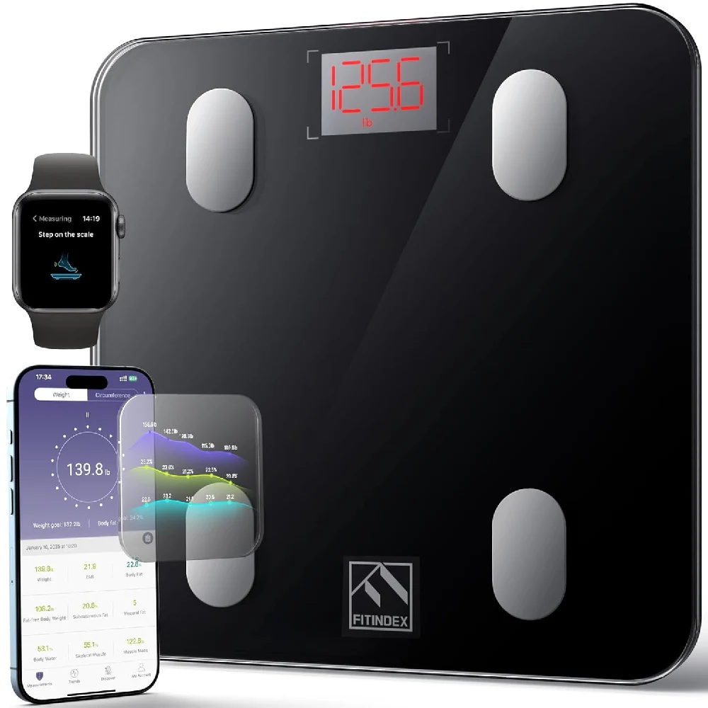 FITINDEX Smart Bluetooth Body Fat Scale, Digital Bathroom Weight Scale with 13 Body Composition Metrics, BMI Analyzer, Health Monitor App, Black (10.2-Inch)