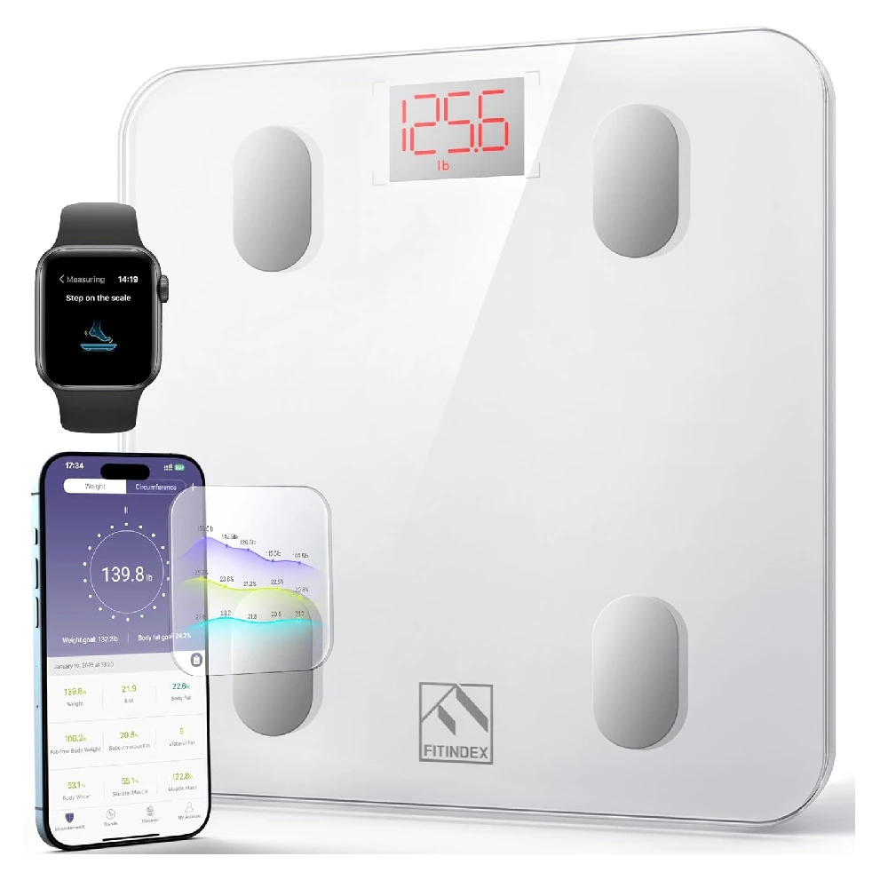 FITINDEX Smart Bluetooth Body Fat Scale, Digital Bathroom Weight Scale with Body Composition Analyzer, BMI Monitor, Fitness App Connectivity