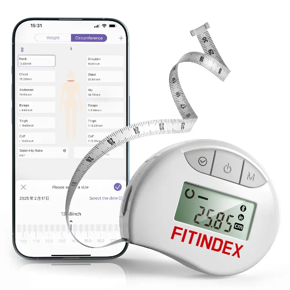 FITINDEX Smart Bluetooth Digital Measuring Tape, Body Measurement Tape with LED Display, App Connectivity, Lock Pin, Retractable Design, White