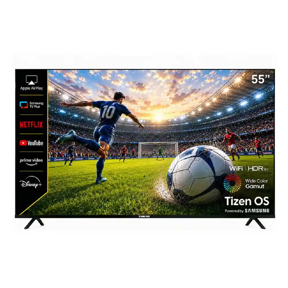 Nikai 55 Inch 4K UHD Smart LED TV, Samsung Tizen OS, HDR10, Voice Control, WiFi, Bluetooth 2.1 + EDR, 3 HDMI, 2 USB, Black - 55QTZN4KSLED
