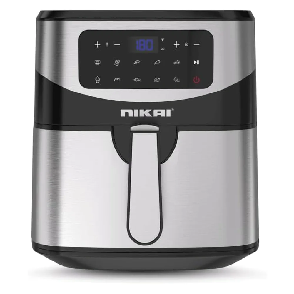 Nikai Digital Air Fryer, 7L Capacity, 1600-1800W Power, Digital Controls, 80-200 Degree C Temperature Range, 60-Minute Timer, Dishwasher Safe, Silver & Black - NAF779D