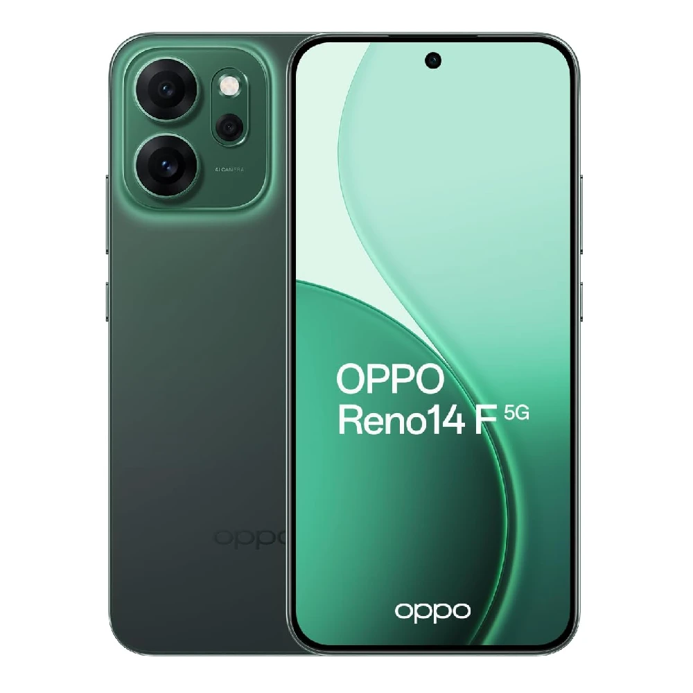 OPPO Reno14 F 5G Smartphone, 256GB Storage, 12GB RAM, 6.57-Inch FHD+ AMOLED Display, Snapdragon 6 Gen 1, 50MP OIS Triple Camera, 6000mAh Battery, Dual SIM- Luminous Green