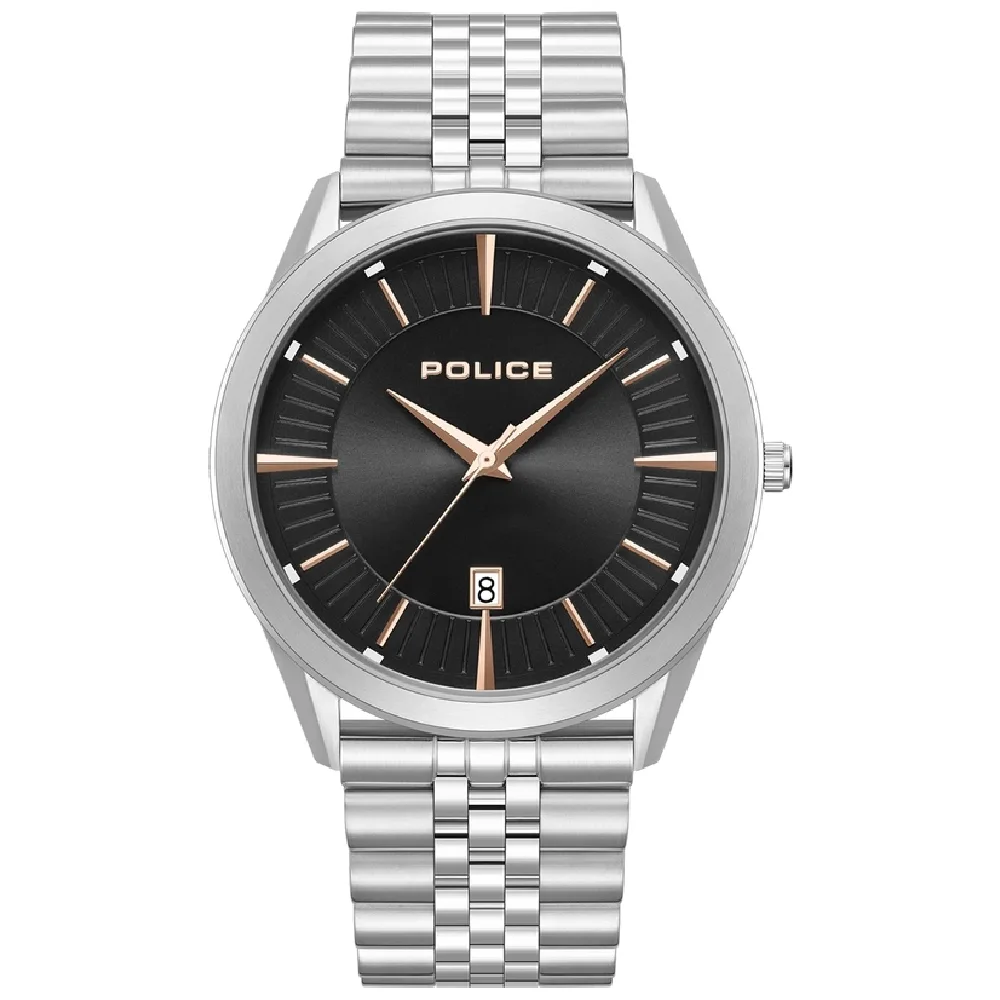 Police Analog Watch for Men - 50mm Stainless Steel Silver Case, Black Dial, Metal Bracelet, 50m Water Resistant - PEWGG1530502