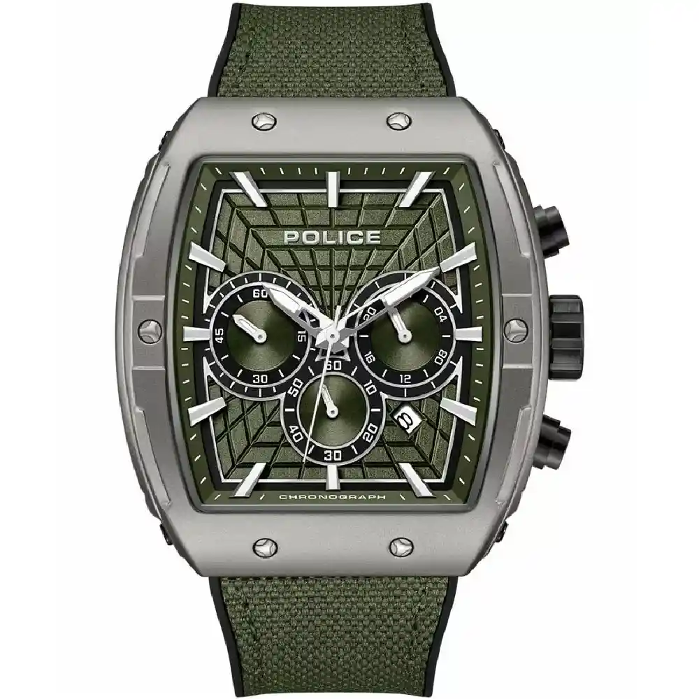 Police Coswig Rebel Chronograph Watch for Men - 45mm Gray Stainless Steel Case, Olive Green Dial, Black Green Silicone Strap, 50m Water Resistant - PEWGQ0093401