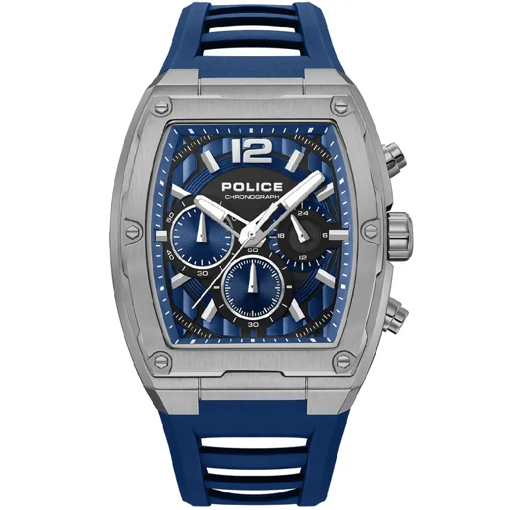 Police Creed Watch for Men - 51.5mm Gunmetal Stainless Steel Case, Navy Blue Dial, Blue Silicone Strap, 50m Water Resistant - PEWGQ0092802