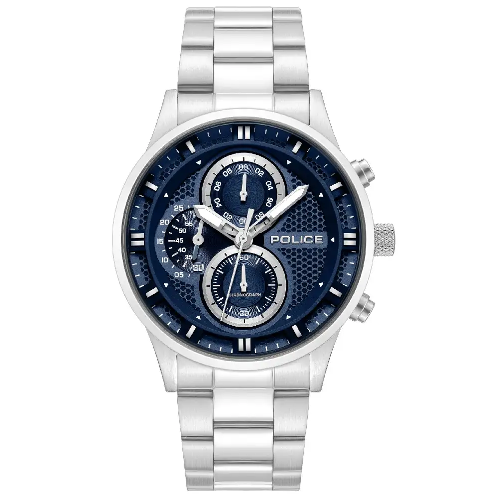 Police Levuka Urban Watch for Men - 43mm Stainless Steel Silver Case, Navy Blue Dial, Metal Bracelet, 50m Water Resistant - PEWGK0092502