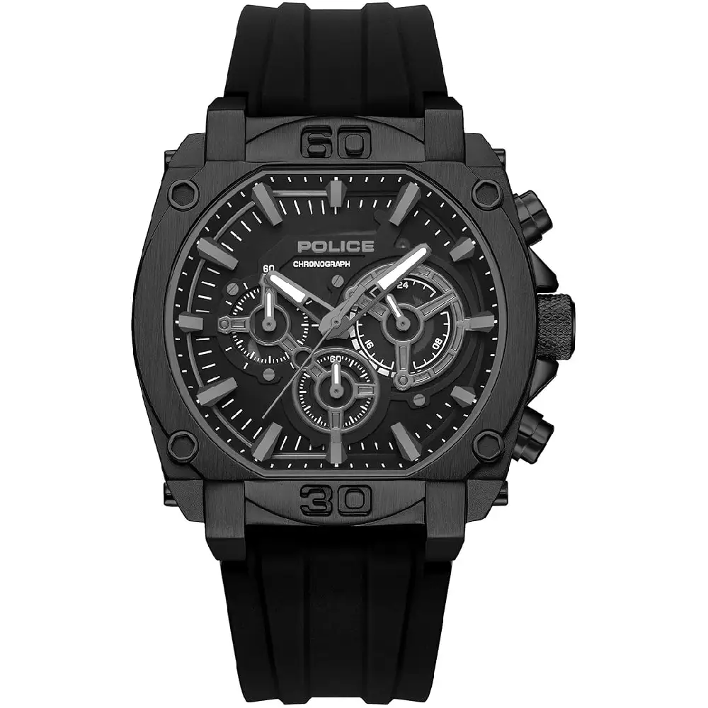 Police Norwood Chronograph Watch for Men - 45mm Black Stainless Steel Case, Black Dial, Black Silicone Strap, 50m Water Resistant - PEWGO0092901