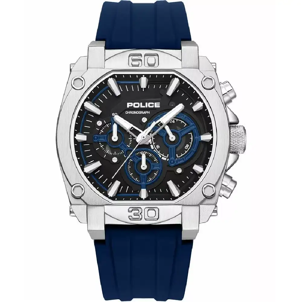 Police Norwood Rebel Chronograph Watch for Men - 45mm Silver Stainless Steel Case, Black Dial, Navy Blue Silicone Strap, 50m Water Resistant - PEWGO0092904