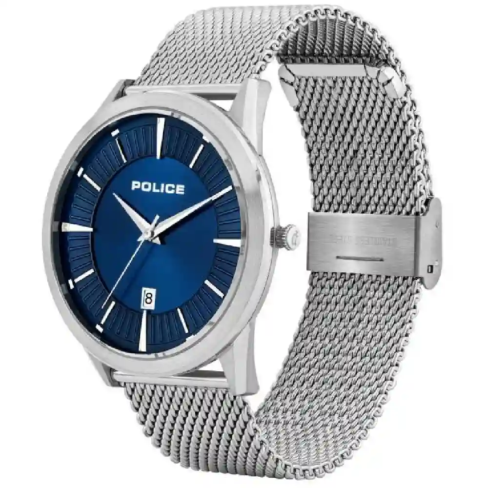 Police Patriot Watch for Men - 45mm Silver Stainless Steel Case, Blue Dial, Metal Bracelet, Date Display, 50m Water Resistant - PL15305JS.03MM