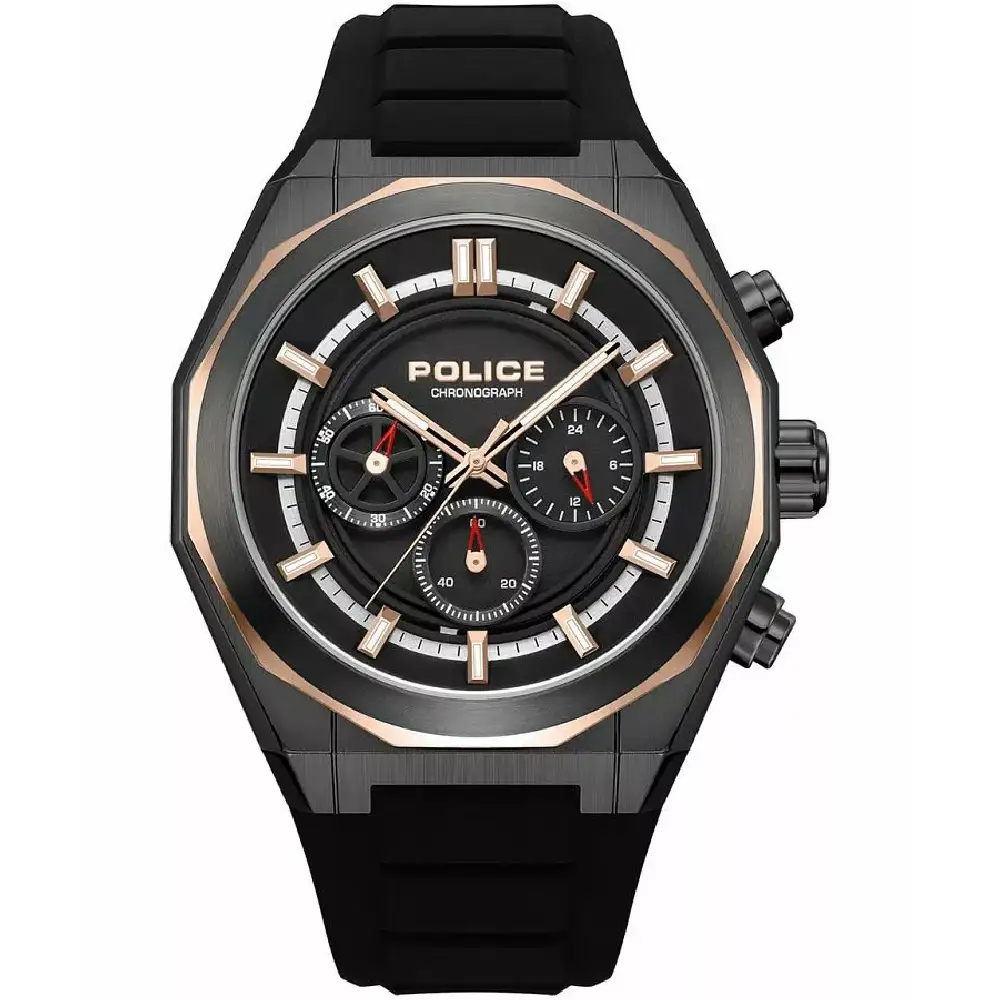 Police Steward Chronograph Watch for Men - 46mm Black Stainless Steel Case, Black Dial, Black Silicone Strap, 50m Water Resistant - PEWGO0093701