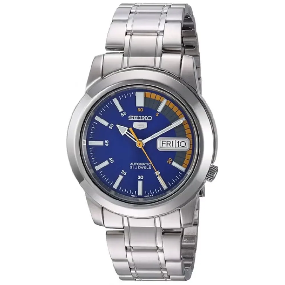 Seiko 5 Automatic Watch for Men - 37mm Stainless Steel Case, Blue Dial, Metal Bracelet, 30m Water Resistant - SNKK27K1