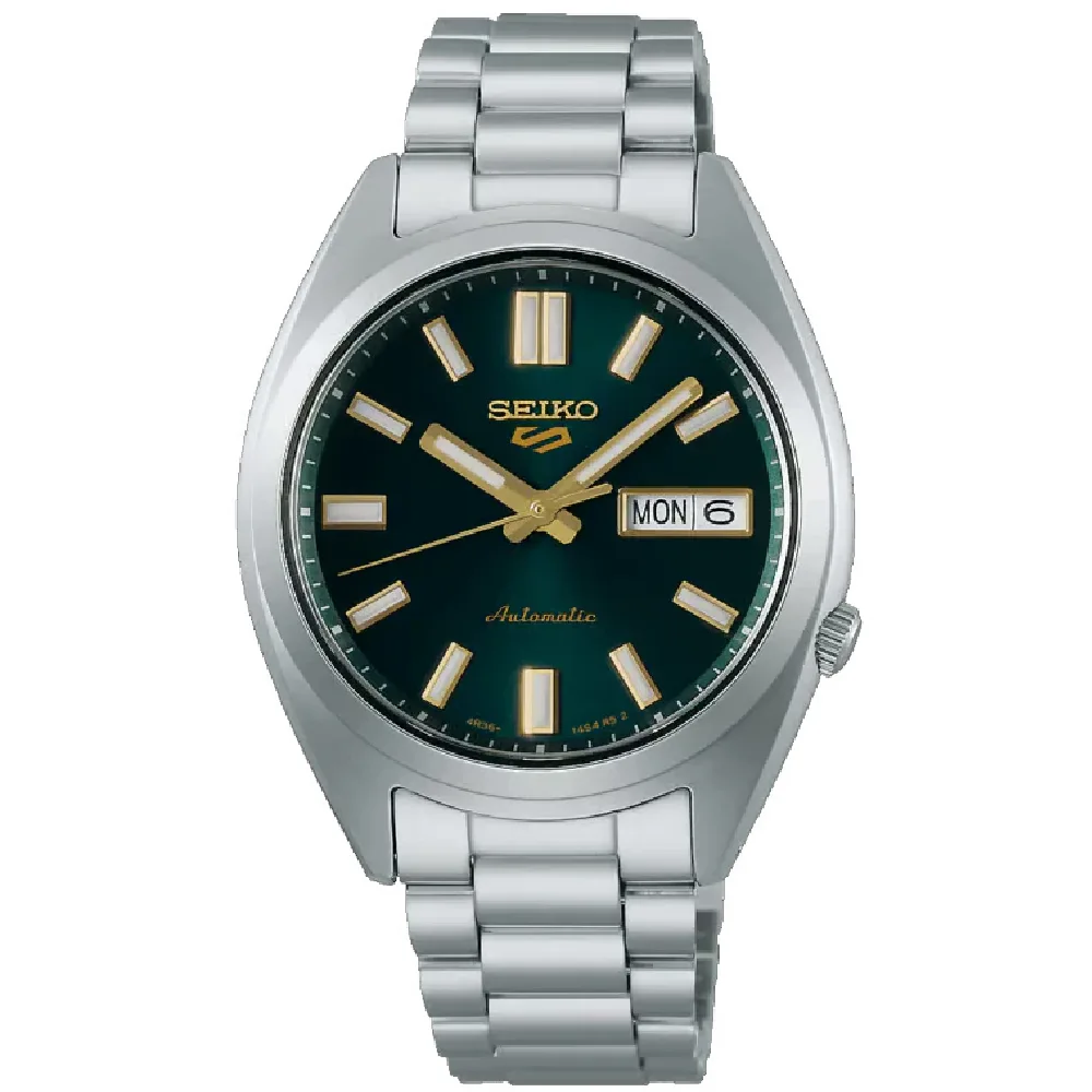 Seiko 5 Sports Automatic Watch for Men - 37.4mm Stainless Steel Case, Green Dial, Gold Accents, Metal Bracelet, Day Date Display - SRPL57K1