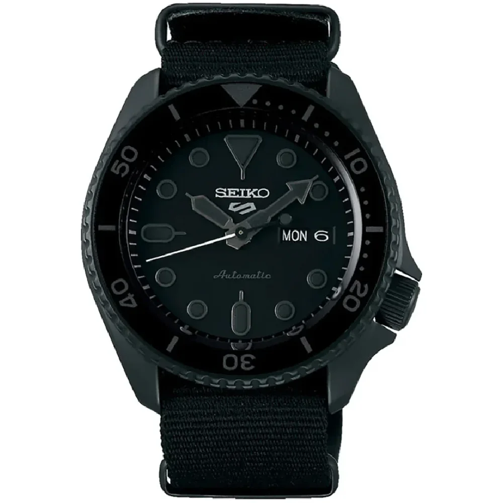 Seiko 5 Sports Automatic Watch for Men - 42.5mm Black Coated Stainless Steel Case, Black Dial, Black NATO Strap, 100m Water Resistant - SRPD79K1