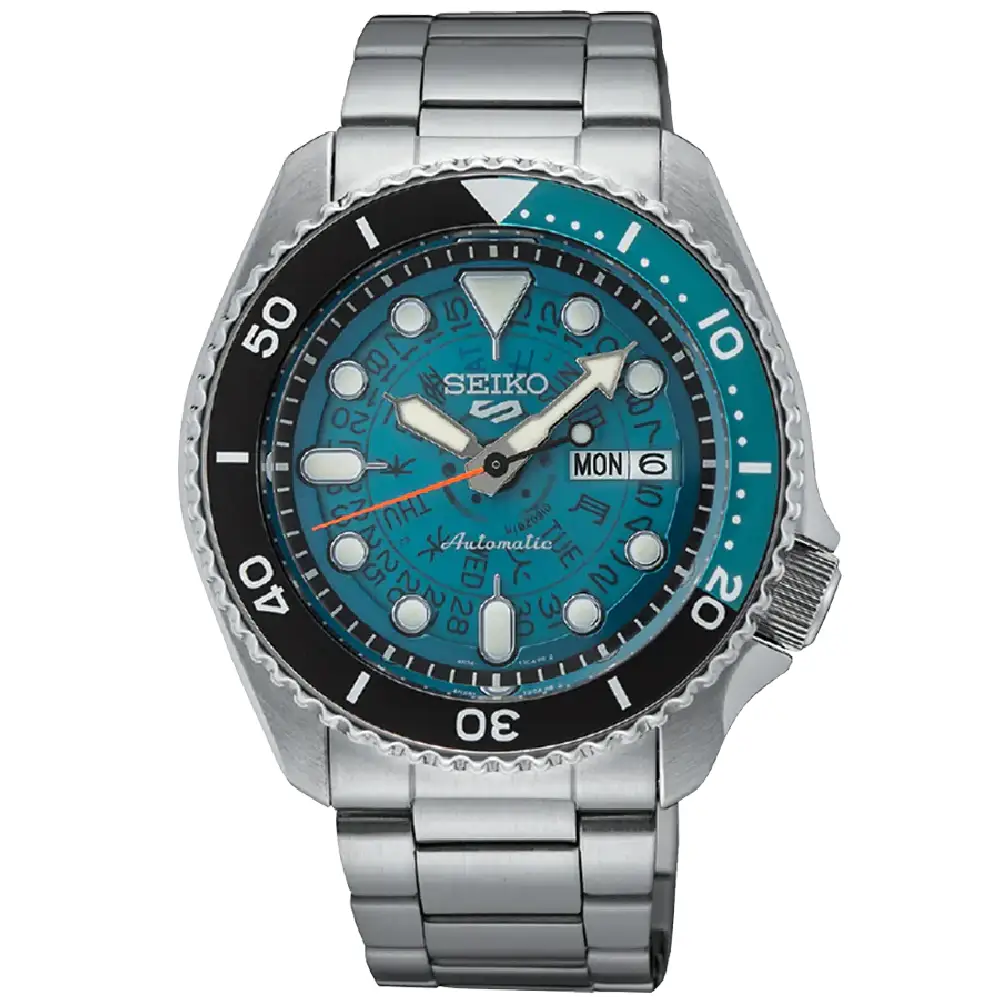 Seiko 5 Sports Automatic Watch for Men - 42.5mm Stainless Steel Case, Blue Skeleton Dial, Metal Bracelet, 100m Water Resistant - SRPJ45K1