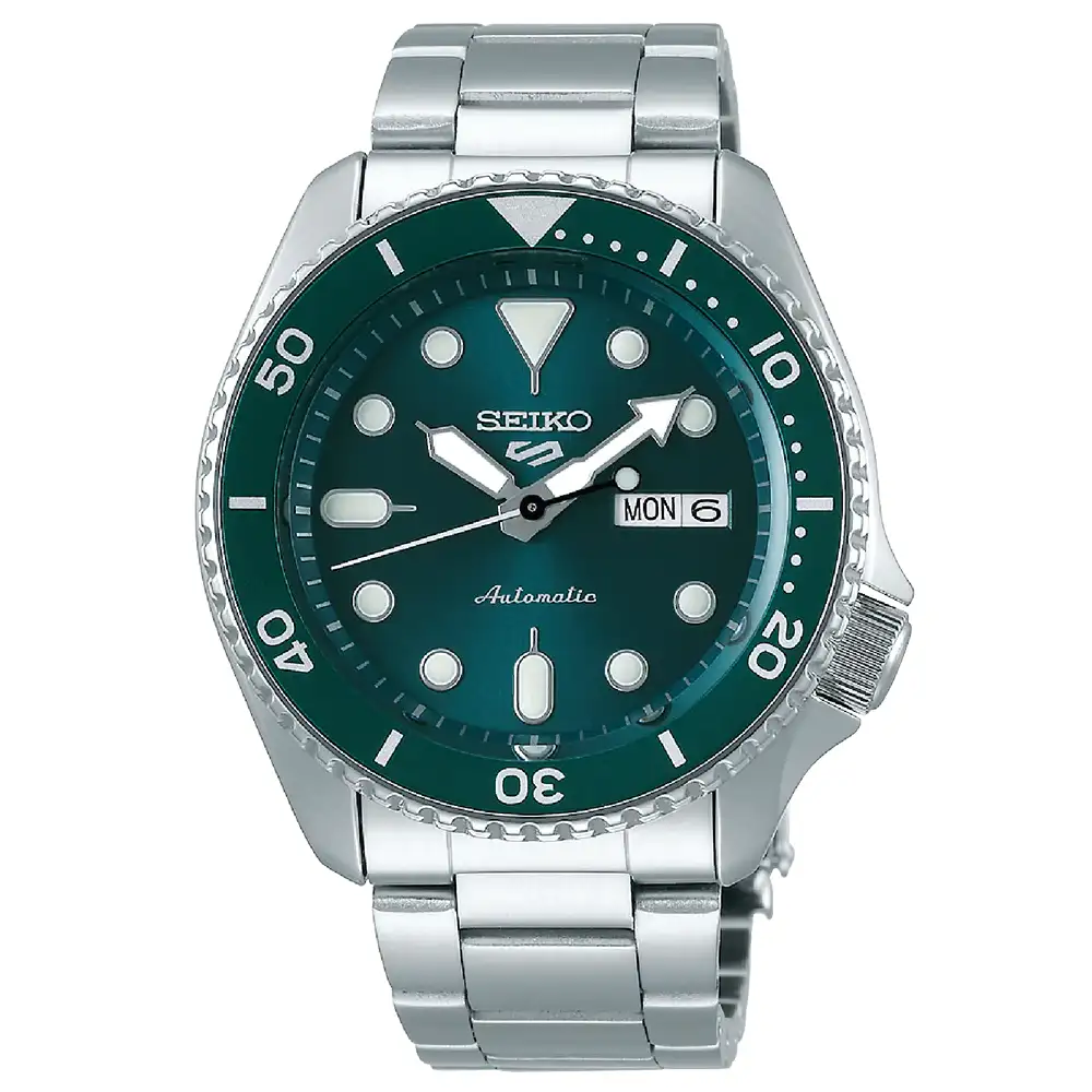 Seiko 5 Sports Automatic Watch for Men - 42.5mm Stainless Steel Case, Green Dial, Metal Bracelet, 100m Water Resistant, Day Date Display - SRPD61K1