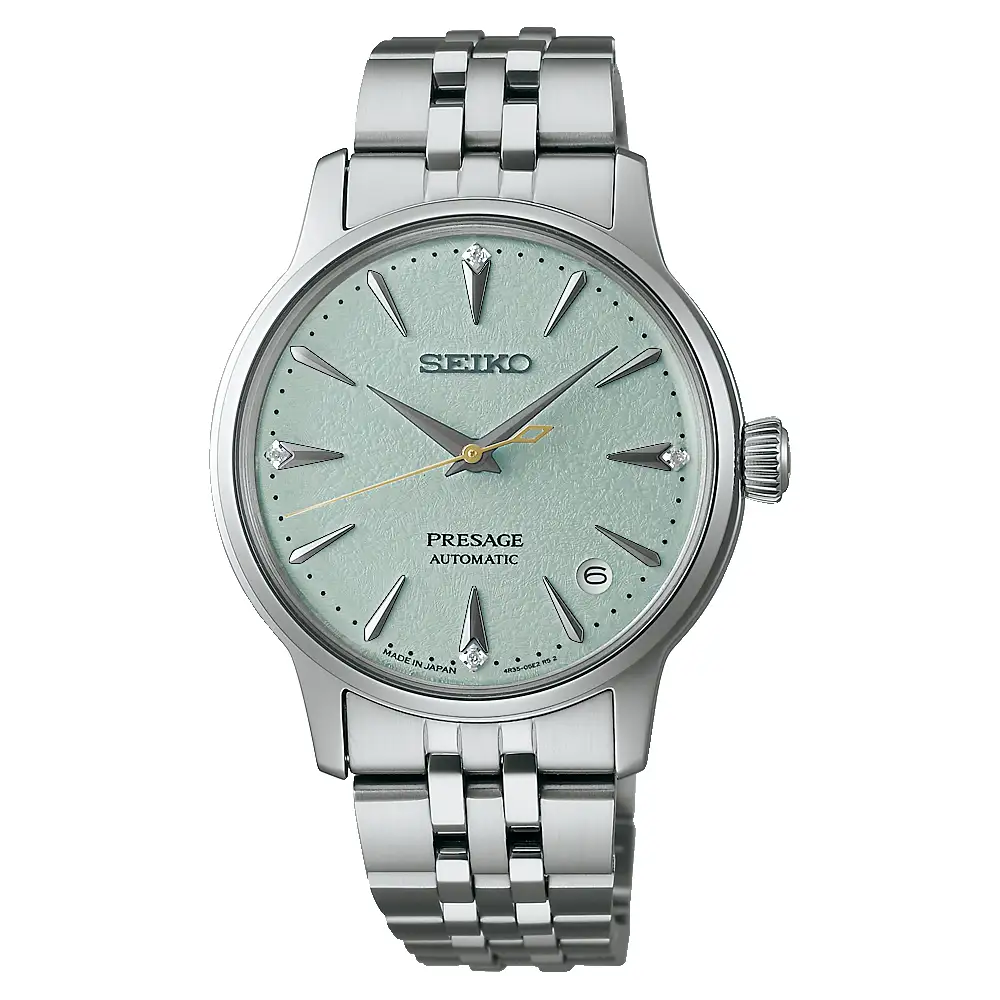 Seiko Presage Cocktail Time Automatic Watch for Men - 34mm Stainless Steel Case, Green Textured Dial with Diamonds, Metal Bracelet - SRPL63J1