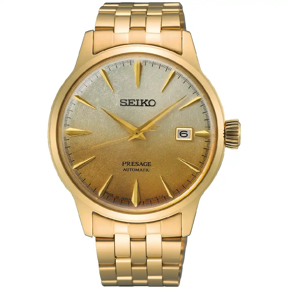 Seiko Presage Cocktail Time Automatic Watch for Men - 40.5mm Stainless Steel Case, Gold Dial, Two Tone Rose Gold Bracelet - SRPK46J1