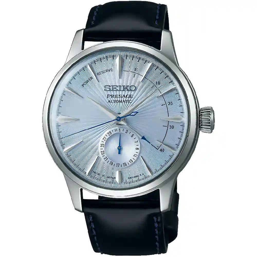 Seiko Presage Cocktail Time Automatic Watch for Men - 40.5mm Stainless Steel Case, Light Blue Sunray Dial, Black Leather Strap, Power Reserve Indicator - SSA343J1