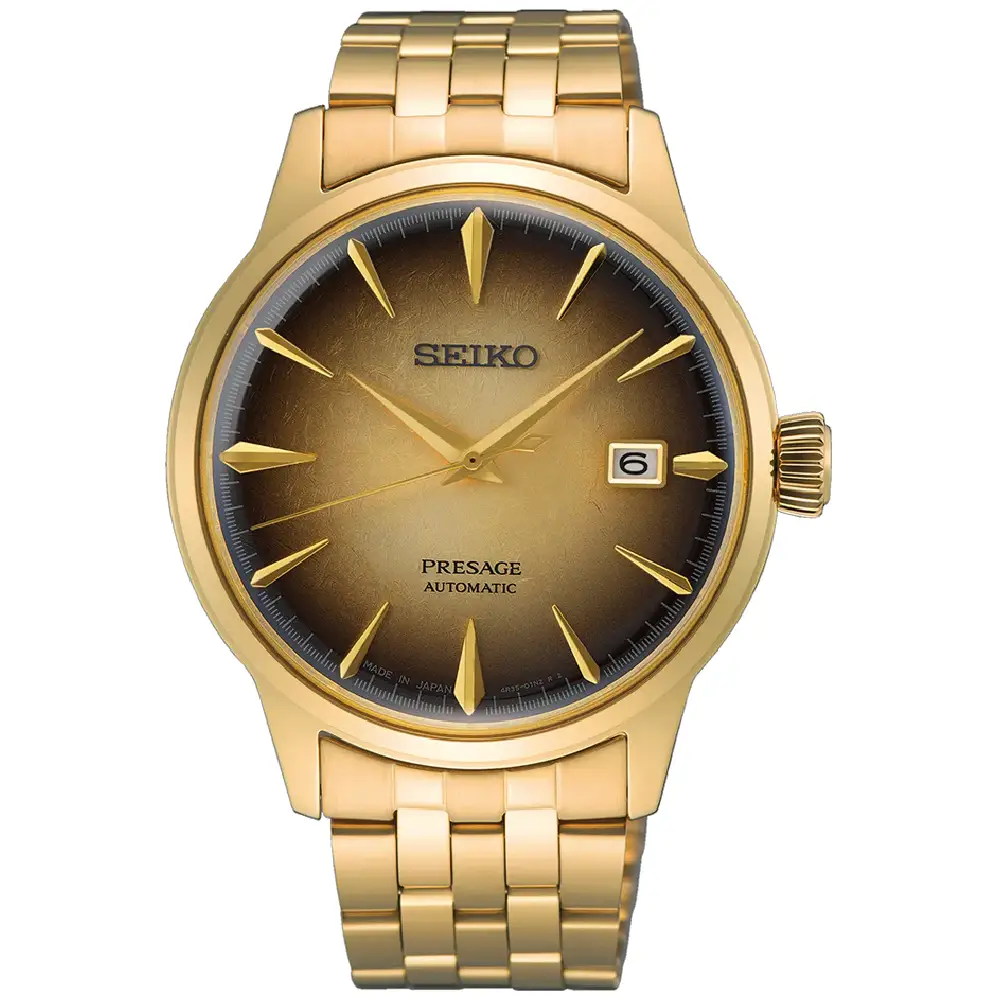 Seiko Presage Cocktail Time Automatic Watch for Men - 40.5mm Stainless Steel Case, Yellow Sunray Dial, Yellow Gold Tone Bracelet - SRPK48J1