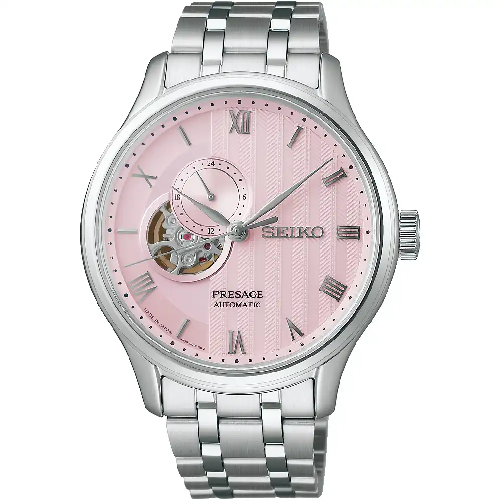 Seiko Presage Japanese Garden Automatic Watch for Men - 41.8mm Stainless Steel Case, Pink Dial, Open Heart, Sapphire Crystal, Metal Bracelet - SSA465J1