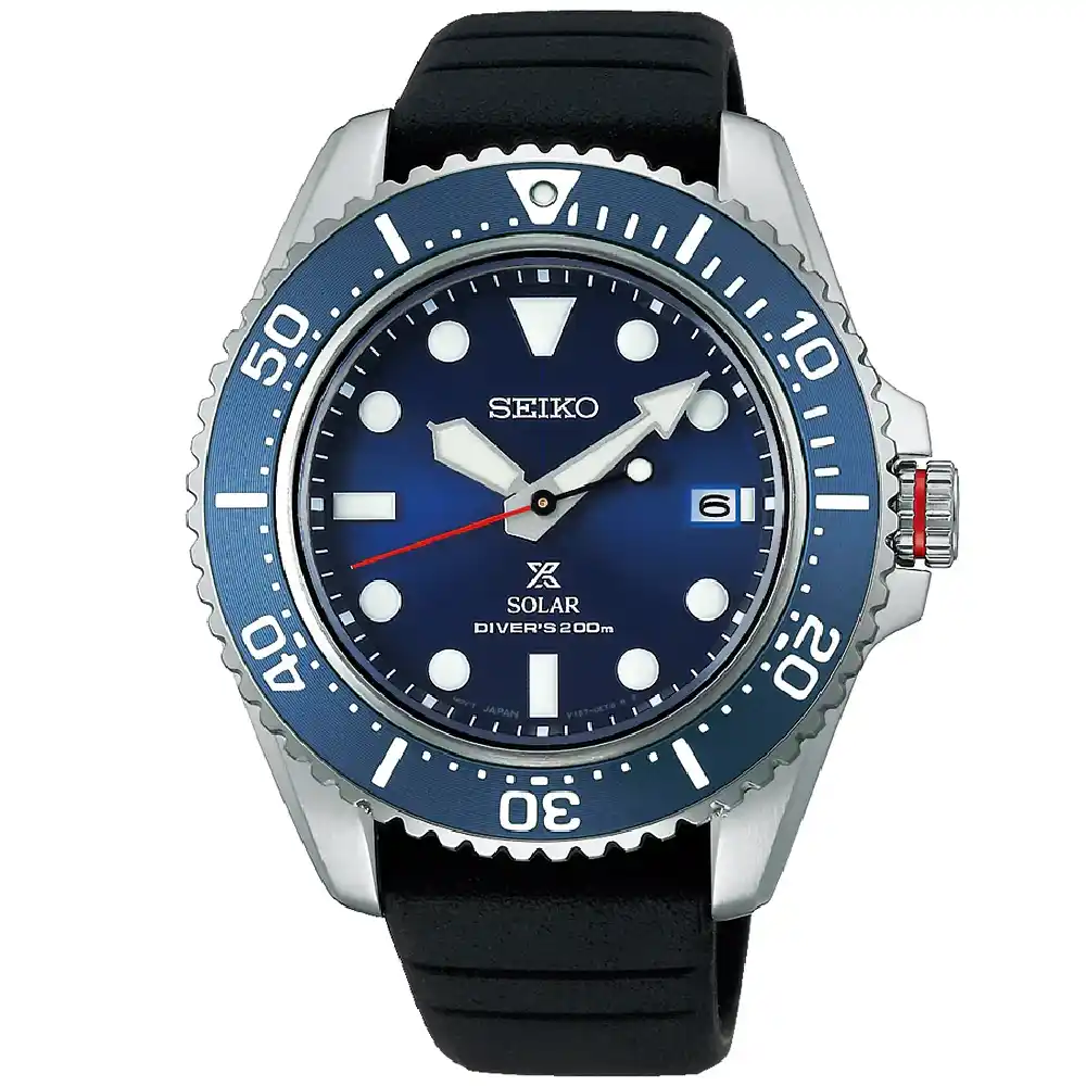 Seiko Prospex Solar Powered Quartz Watch for Men - 42.8mm Steel Case, Blue Dial, Black Silicone Strap, 200m Water Resistant - SNE593P1