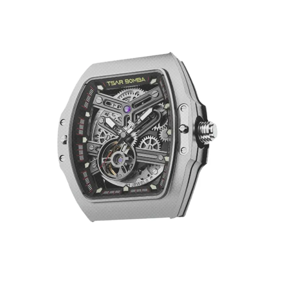 Tsar Bomba Atomic Collection Mens Automatic Watch, Citizen Miyota 82S0 Movement, Sapphire Crystal, Carbon Fiber Bezel, White & Gold FKM Rubber Strap, 10 ATM Water Resistance - TB8218(1+2)CF-01WH GD