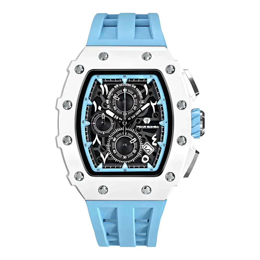 TSAR BOMBA Mens Analog Watch, Black Dial, Seiko TMI VK67 Movement, Bio-Ceramic Case, Blue Silicone Strap, 5 ATM Water Resistance - TB8204B-02
