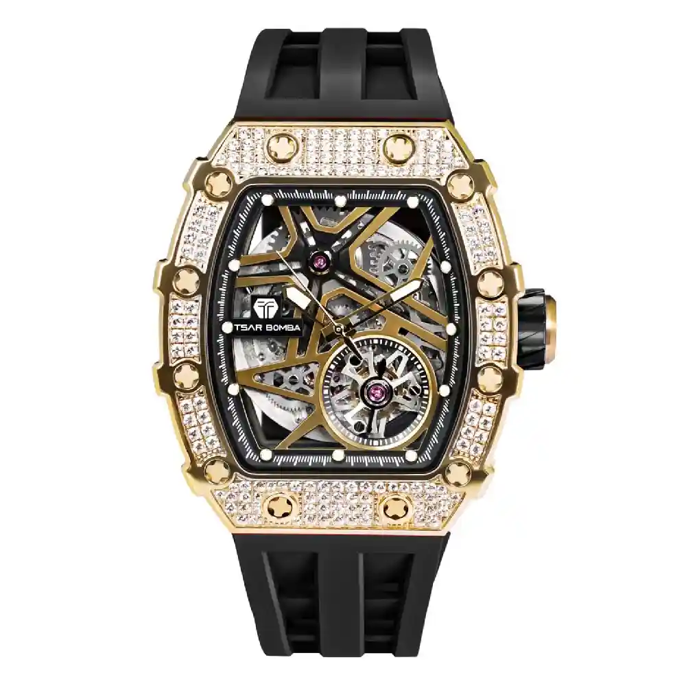 Tsar Bomba Mens Automatic Watch, Black Dial, 21 Jewels Diamond-Like CZ Stones, Sapphire Crystal, Stainless Steel Case, Black Rubber Strap, 50M Water Resistance - TB8209D-04