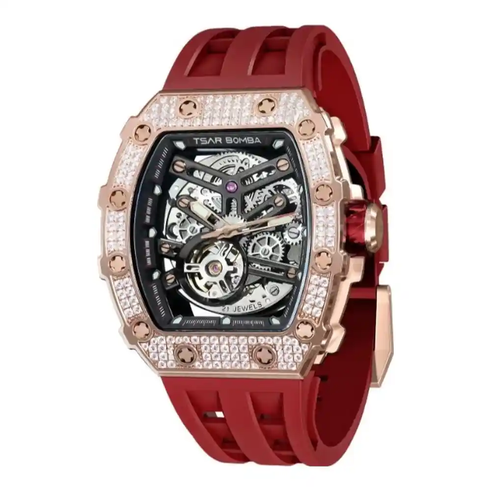 Tsar Bomba Mens Automatic Watch, Black Dial, Citizen Miyota 82S0 Movement, Rose Gold Stainless Steel Case, Sapphire Glass, Red Rubber Strap, 5 ATM Water Resistance - TB8208D-12