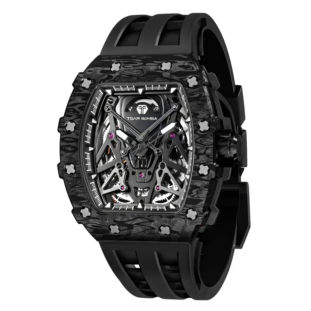 Tsar Bomba Mens Automatic Watch, Black Dial, Citizen Miyota 82S0 Movement, Stainless Steel Case, Sapphire Glass, Black Silicone Strap, 5 ATM Water Resistance - TB8207CF-31