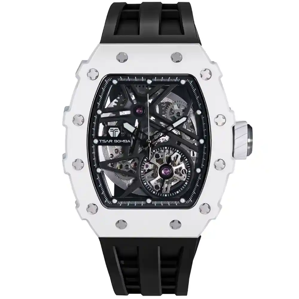 Tsar Bomba Mens Automatic Watch, Black Dial, Citizen Miyota 82S0 Movement, White Stainless Steel Case, Sapphire Glass, 44mm Cushion Case, 5 ATM Water Resistance - TB8209C-03
