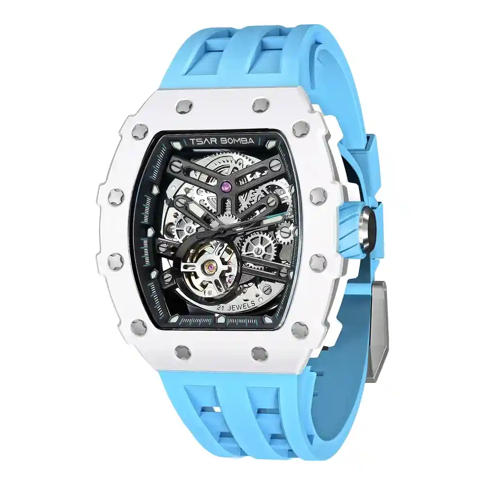 Tsar Bomba Mens Automatic Watch, Black Dial, Citizen Miyota 82S0 Movement, White Stainless Steel Case, Sapphire Glass, Blue FKM Rubber Strap, 5 ATM Water Resistance - TB8208C-06
