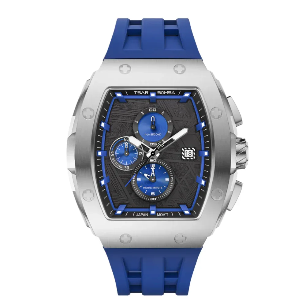 Tsar Bomba Mens Chronograph Watch, Silver Stainless Steel Case, Blue Dial, Seiko TMI YM92 Movement, Sapphire Crystal, Blue Silicone Strap, 50M Water Resistance - TB8211QII-09