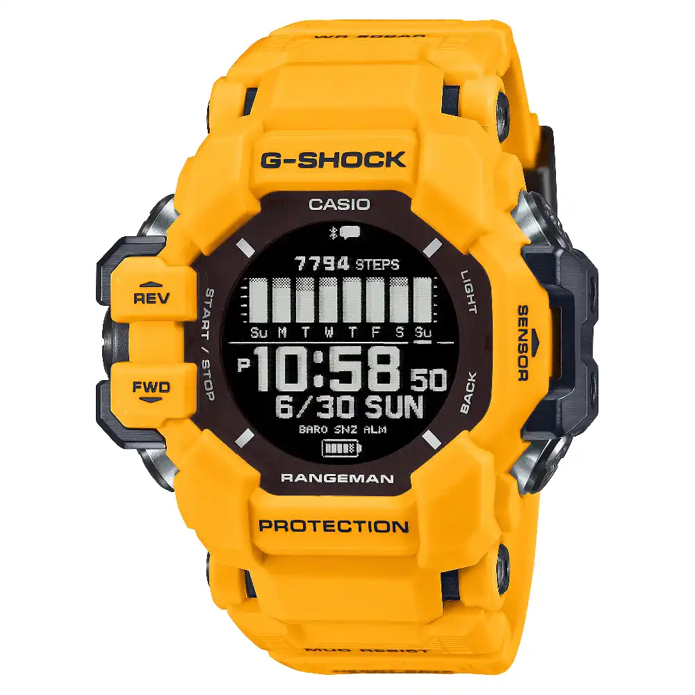 Casio G-Shock Master of G Land Rangeman Mens Digital Watch with Lime Green Dial, 60.6 x 53.2mm Case, Bio-Based Resin Strap, GPS, Heart Rate Monitor, Mud Resistant and 200 Meter Water Resistance - GPR-H1000-9DR