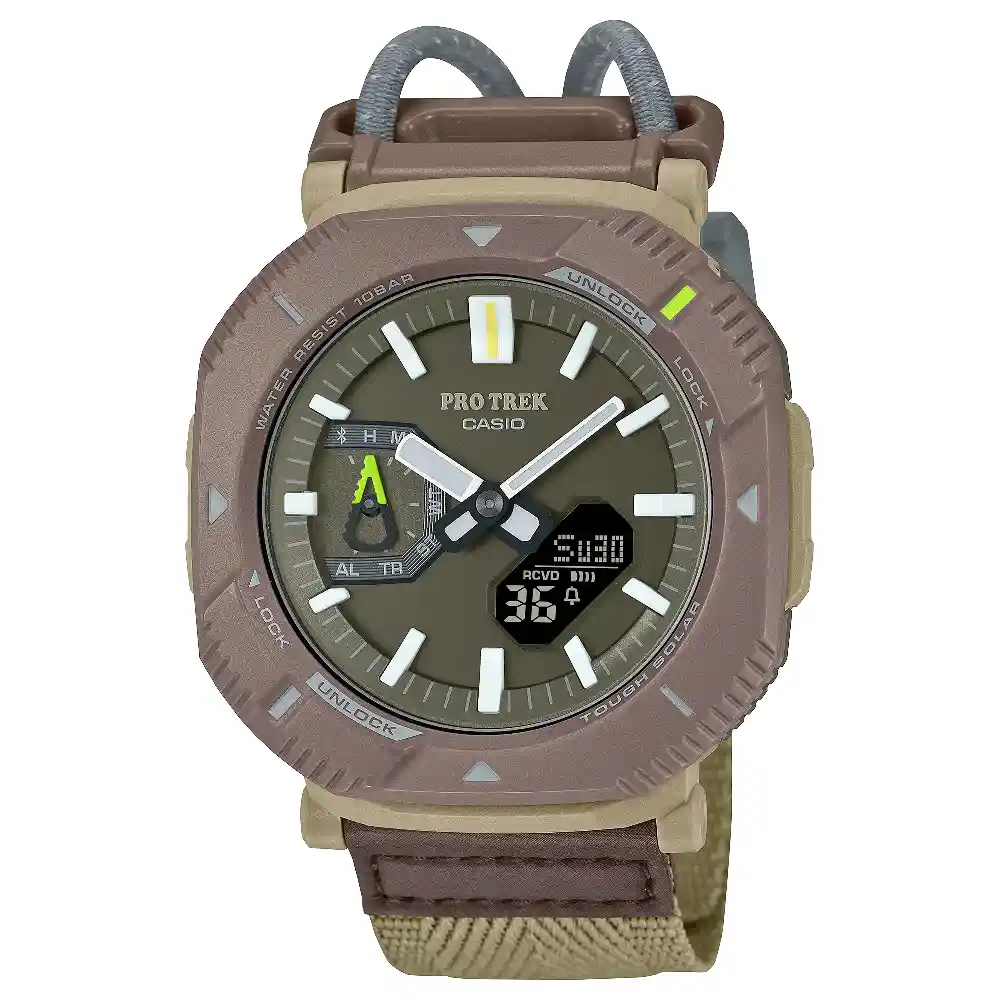 Casio Pro Trek Mens Analog Digital Solar Powered Bluetooth Watch with Green Dial, 46mm Case, Brown Cloth Band and 100 Meter Water Resistance - PRJ-B001B-5DR